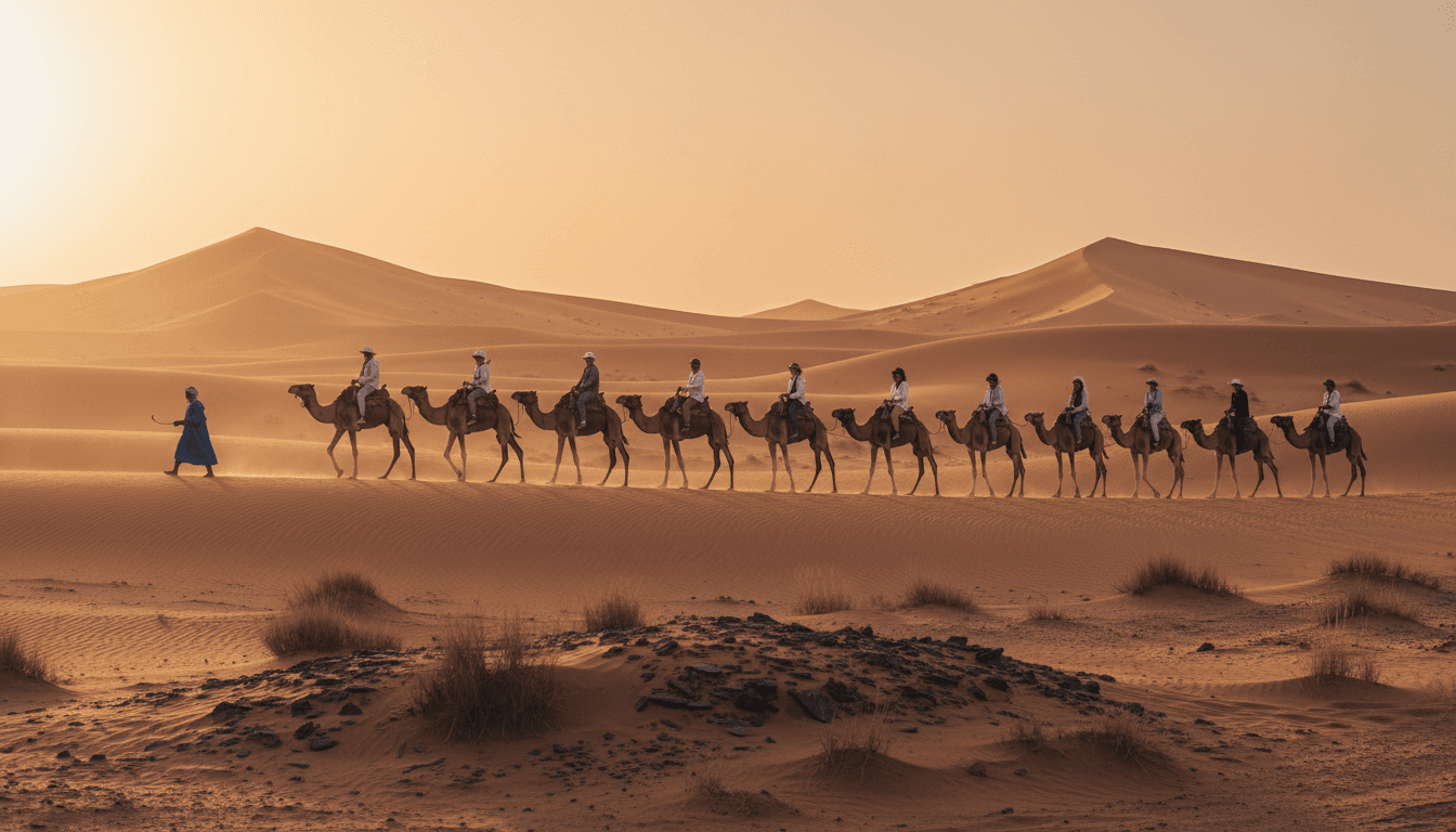 Camel caravan crossing the Dubai desert dunes