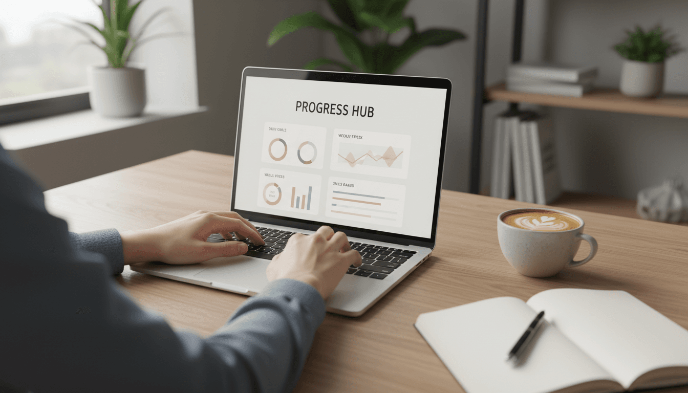 Person viewing a travel progress dashboard on a laptop in a cozy home office